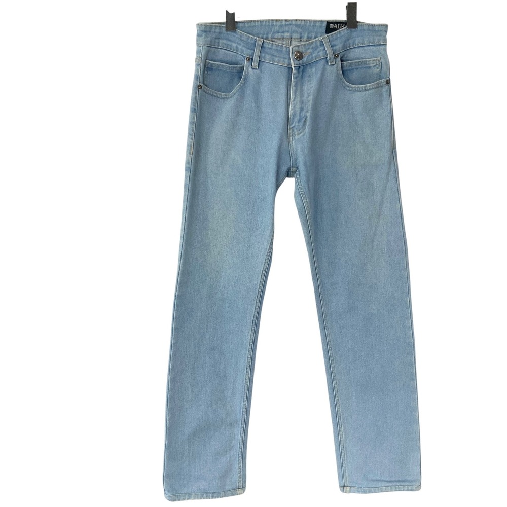 Balmain Light Blue Jeans 32 Button Zip Mid Rise Straight Monogram Back Pockets